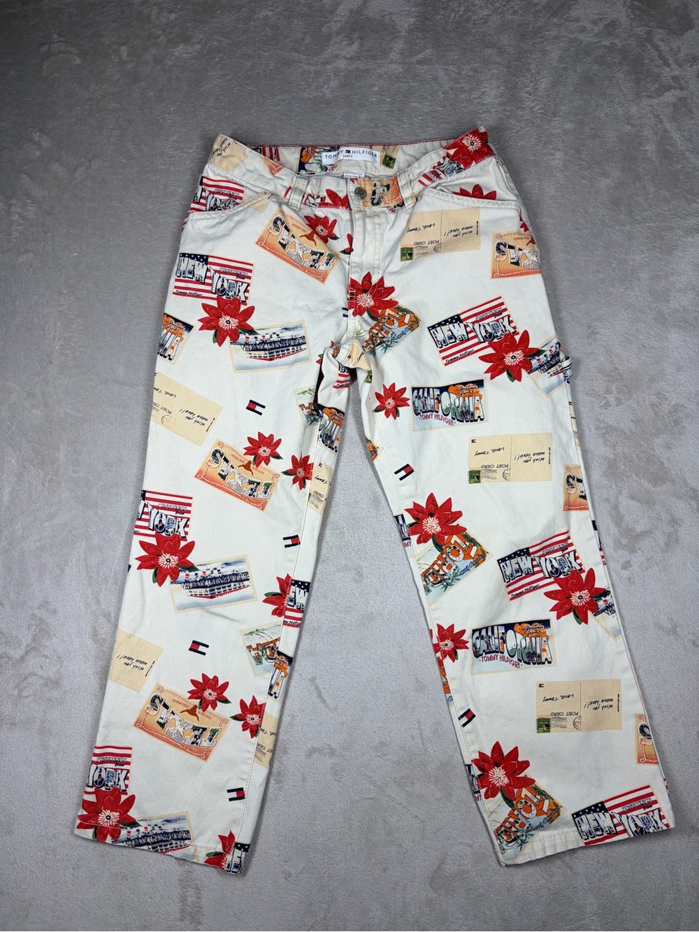 Y2K Tommy Hilfiger Postcard Cream Americana USA Floral Cotton Cropped Pants 2